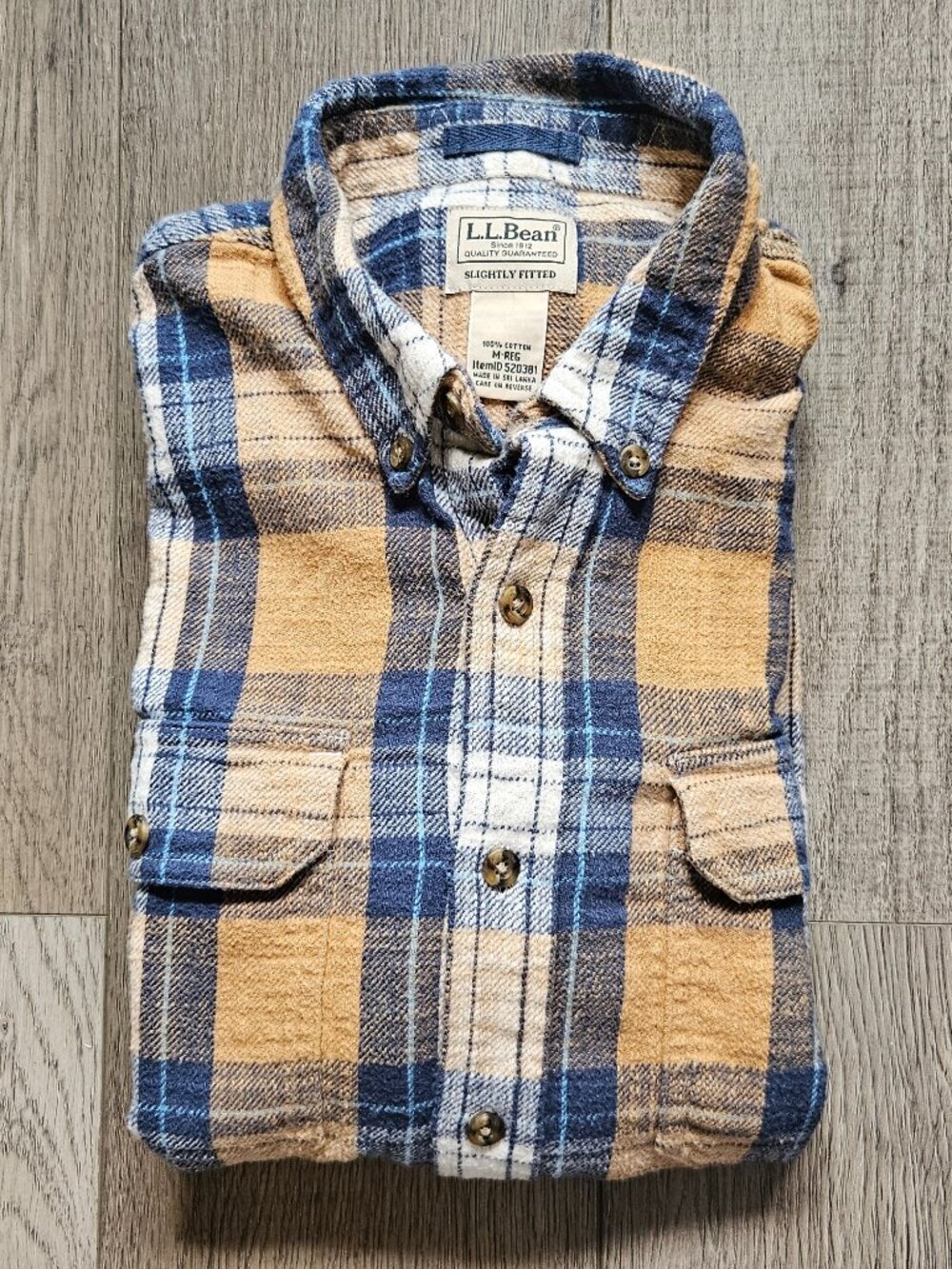 LL Bean Flannel Shirt Mens Medium Regular Mustard Blue Plaid Button Up 520381 - Picture 8 of 8